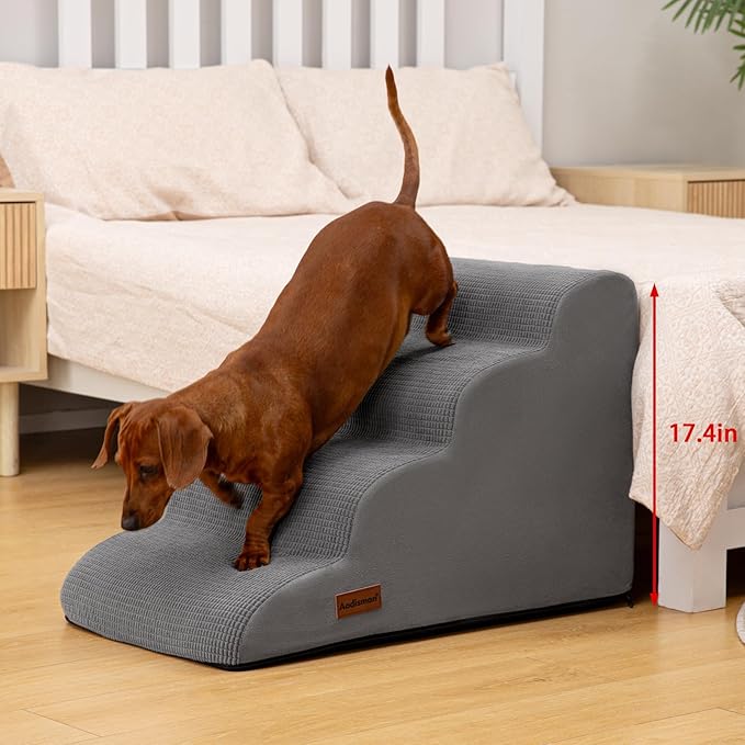 4-Step Dog Stairs and Ramp for Beds or Couches – Non-Slip Sturdy Pet Steps for Small Dogs and Cats,17.4" H,Grey-PawvioPets