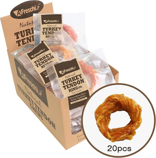 Afreschi Turkey Tendon for Dogs, Dog Treats for Signature Series, All Natural Human Grade Puppy Chew, USA-Sourced Turkey Tendon, Hypoallergenic, Rawhide Alternative, 20 Units/Box Ring (Medium)-PawvioPets