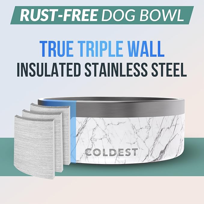 Coldest Dog Bowl - Anti Rust Metal, Non Slip, 3 Layers Insulated Stainless Steel Dog Bowls - Spill Proof & Heavy Duty - Water Bowl for Dogs, Cats & Pets, Dish Washer Safe (64 oz, Carrara Marble)-PawvioPets