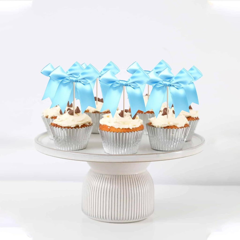 24 PCS Bow Cupcake Toppers Bowknot Cake Toppers Bow Girls Birthday Cake Decorations Bow Cake Dessert Picks Bowknot Cupcake Picks for Baby Shower Birthday Wedding Bridal Engagement Party Supplies Blue