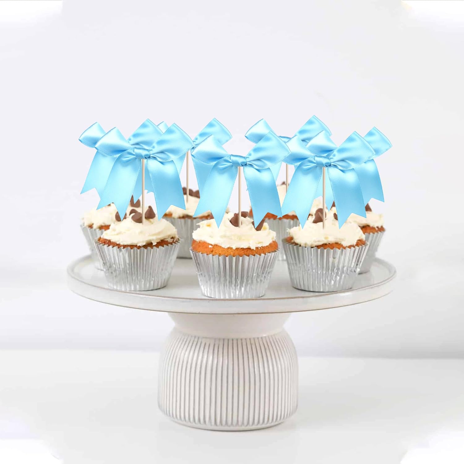 24 PCS Bow Cupcake Toppers Bowknot Cake Toppers Bow Girls Birthday Cake Decorations Bow Cake Dessert Picks Bowknot Cupcake Picks for Baby Shower Birthday Wedding Bridal Engagement Party Supplies Blue
