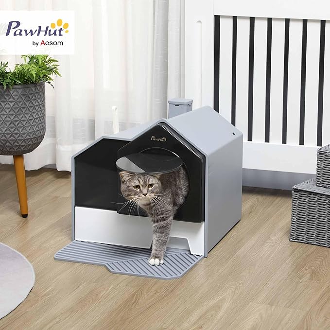 PawHut Hooded Cat Litter Box with Kitty Litter Mat, Kitty Litter Pan with Odor Control, Easy-Clean Pull-Out Drawer, Handle, Scoop, Gray-PawvioPets