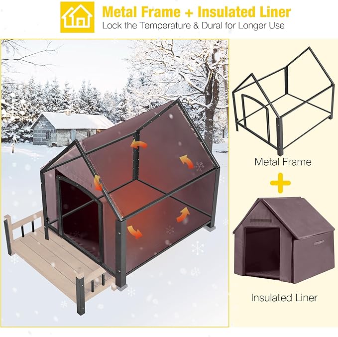 Dog House with Insulated Liner, Waterproof Dog Kennel for Small to Large Sized Dogs, Outdoor Doghouse 100% Insulated Puppy Shelter with Elevated Floor for Winter(Brown)-PawvioPets