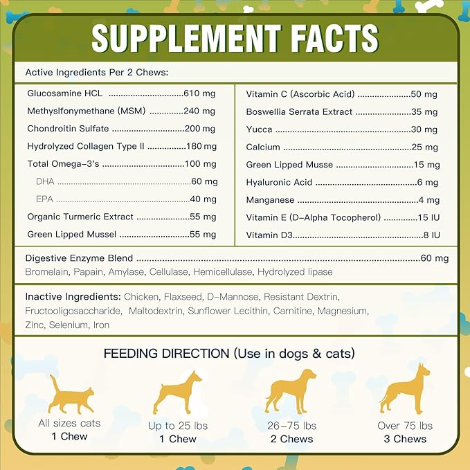 Glucosamine for Dogs, Hip and Joint Supplement for Dogs with Chicken Flavor, Anti Inflammatory, Dog's Chondroitin, Digestive Enzymes, Omega-3, Vitamin D, MSM, Calcium, Turmeric, 120 Freeze-Dried Chews-PawvioPets