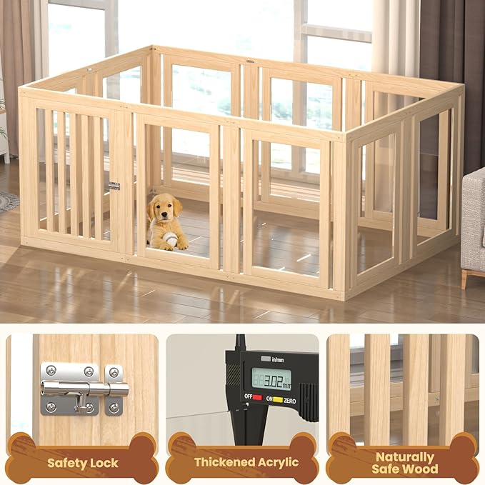 10 Panels Dog Playpen with Door, 23.6" H Pet Playpen Indoor, Clear Acrylic Puppy Playpens, Wooden Puppy Fence with Gate, Transparent Dog Pens, Pet Pen Indoor for Dogs, Cats, Rabbit (Wood)-PawvioPets