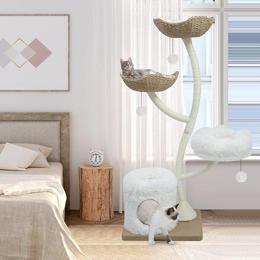 63” Tall Cat Tree Tower for Indoor Cats, Multi-Level Large Cat Climbing Furniture with Scratching Posts, Soft Perch, Cozy Cave, and Hanging Toys, Sturdy Design for Multi-Cat Households-PawvioPets