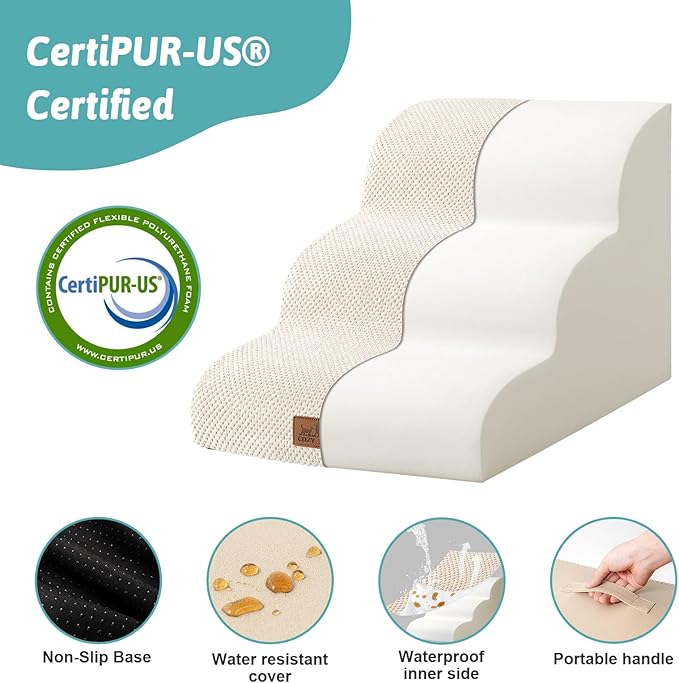 Dog Stairs for Small Dogs 15.7" H, Curved Dog Step for Puppy, Older Cat, Medium Pet Ramp for Sofa, Couch or Chair, Ladder with High Density Foam, 15.7x22.4x15.7 inch, 3 Step, Beige-PawvioPets