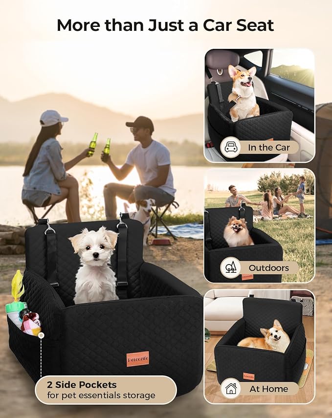 Dog Car Seat for Small & Medium Dogs Under 35lbs, Detachable & Washable Pet Car Seat, Interior Height 6 Inches Pet Travel Bed with Storage Pockets and 2 Dog Safety Belts (Black)-PawvioPets