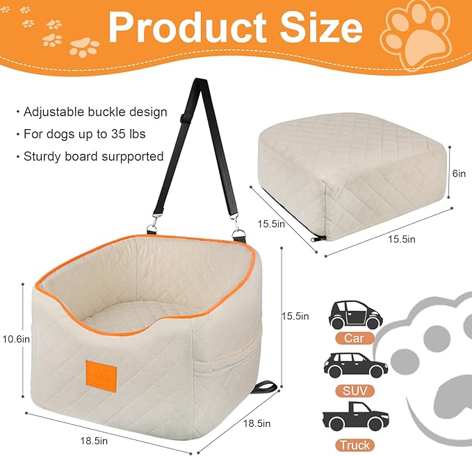 Dog Car Seat for Small Dogs, Memory Foam Booster Dog Seat for Dogs up to 35 lbs, Elevated Pet Car Seat, Travel Safety Pet Seat with Washable Removable Cover, Storage Pockets (Beige)-PawvioPets