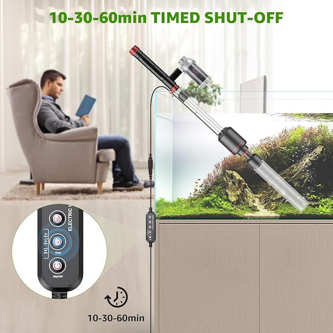 Electric Aquarium Vacuum Gravel Cleaner: 24W Fish Tank Vacuum Gravel Cleaner with Strong Suction for Automatic Water Change Algae Remover Sand Wash Water Shower and Water Circulation, Timed Off-PawvioPets