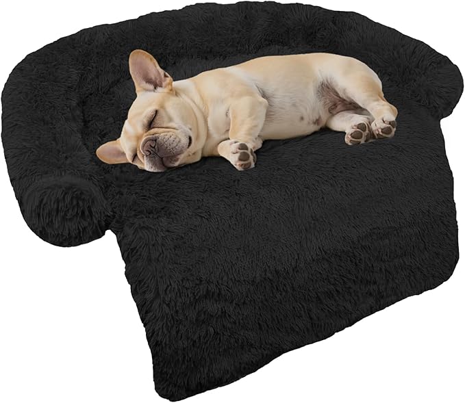 GGIB Calming Dog Bed Fluffy Plush Dog Mat for Furniture Protector with Removable Washable Cover for Large Medium Small Dogs and Cats (Small,Black)-PawvioPets