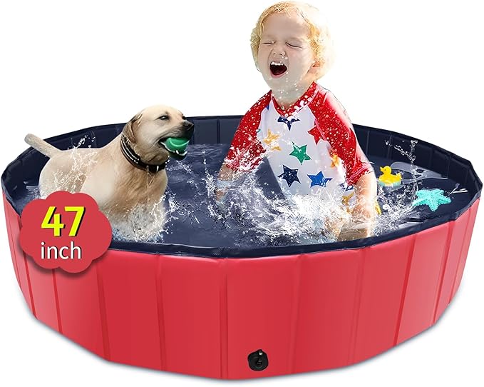 Foldable Dog Pool, 47" x 12" Kiddie Pool with Hard Plastic, Non-Slip Dog Bath Tub for Outdoor Backyard, Collapsible Dog Swimming Pool for Kids Dogs Pets (Red)-PawvioPets