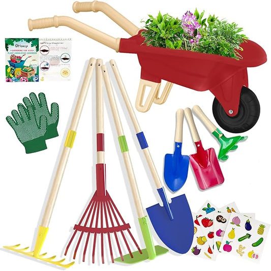 Kids Gardening Tools Outdoor Toys Set Backyard Play with Wheelbarrow Educational STEM Learning Pretend Toys Outdoor Indoor for Toddlers Kids Boys Girls (Red Wheelbarrow Set)-PawvioPets