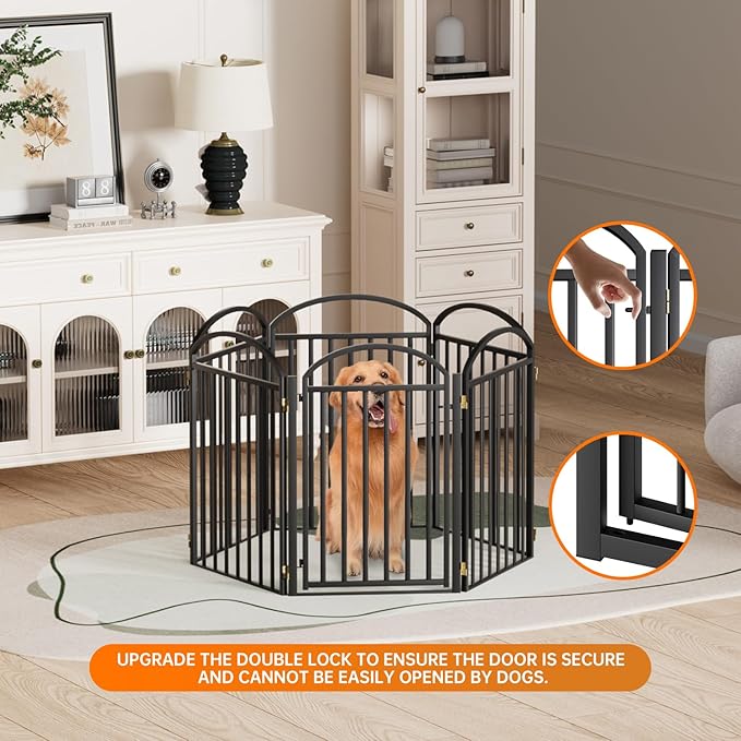 6 Panles Full Matel Freestanding Dog Gates with Door, 144"Extra Wide 32"Tall Free Standing Dog Pet Gate for Indoor & Outdoor. Foldable Pet Fences for Doorways, House, Stairs, Porch, Deck, Yard-PawvioPets
