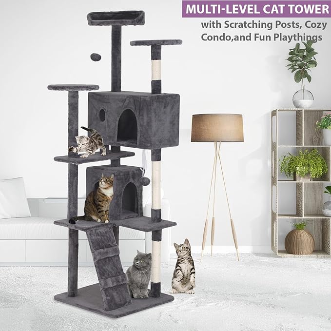 70 inches Cat Tower for Indoor Cats Multi-Level Cat Condos for XL Cat Tree Cat Climbing Tower with Scratching Posts, Hanging Toys,Light Gray-PawvioPets