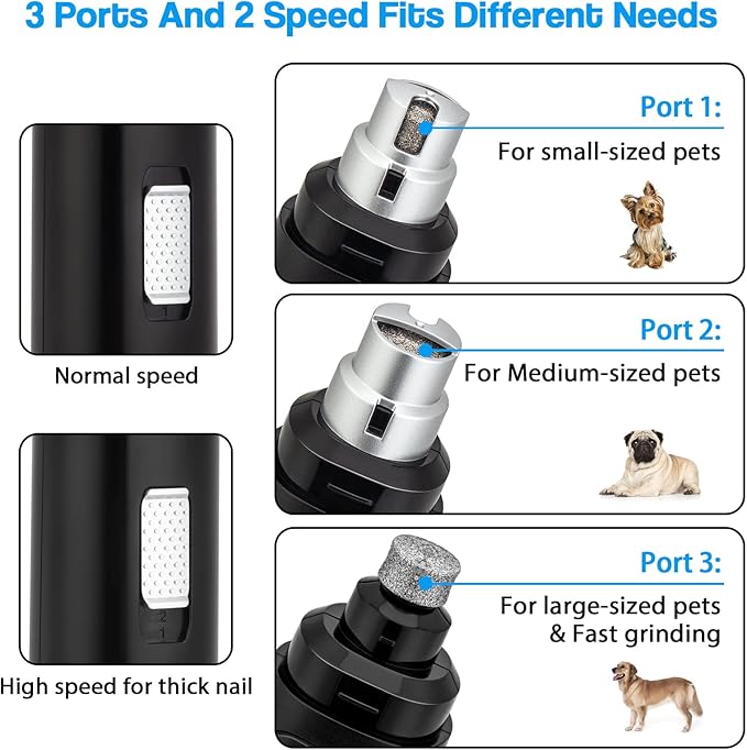 Casfuy Dog Nail Grinder Upgraded - Professional 2-Speed Electric Rechargeable Pet Nail Trimmer Painless Paws Grooming & Smoothing for Small Medium Large Dogs & Cats (Black)-PawvioPets