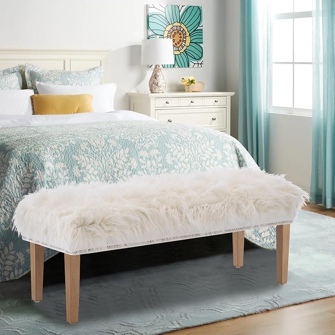 46 Inch White Bedroom Bench, Modern Multi-Purpose Bench with Wooden Legs, Faux Fur Upholstered, 3-Seater, 220 lbs Weight Capacity-PawvioPets
