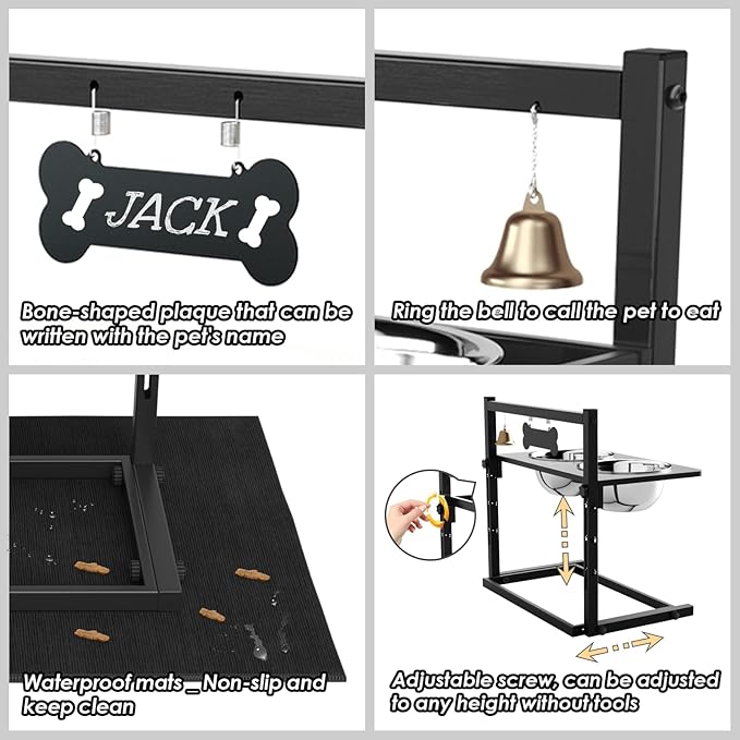 Elevated Dog Bowls with Slow Feeder and Spill Proof Mat, Adjustable Height 4.3-11.8'', Two 1.7L Stainless Steel Food & Water Bowls, Metal Raised Dog Bowl Stand, for Large Medium Breeds-PawvioPets