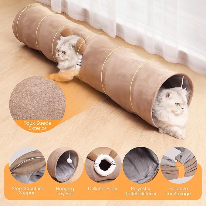 Collapsible Cat Tunnel Straight Tube for Indoor Cats & Kittens Large Foldable Play Cave Toy with Hanging Ball & Peek Hole,Ideal for Rabbits, Ferrets, Puppies & Small Pets-PawvioPets