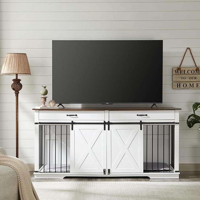 EDYO LIVING 72.5" Large Dog Crate Furniture for 2 Dogs, Wooden Dog Kennel with Drawers, Divider, Sliding Barn Door, Water Resistant Indoor Furniture Style Double Dog Crates, White-PawvioPets