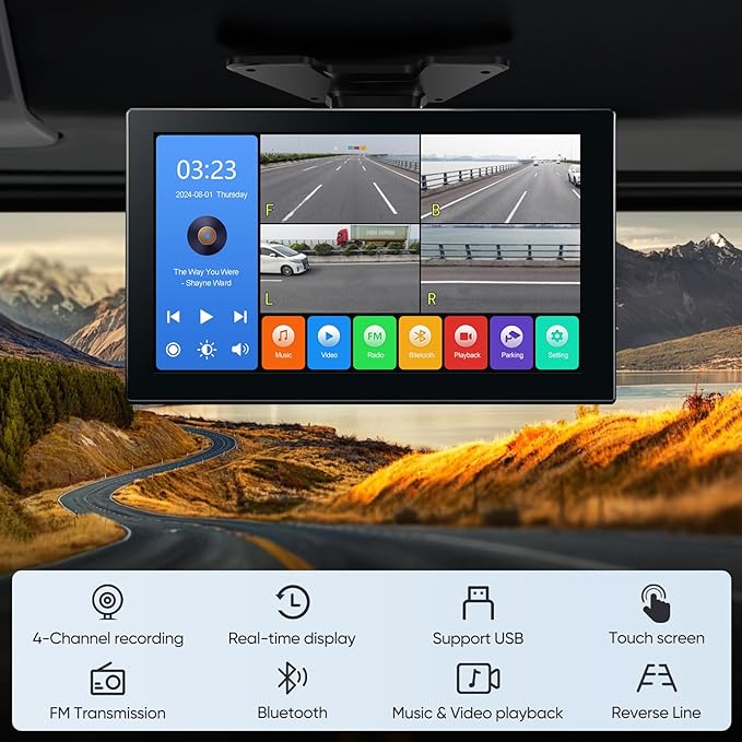 4-Channel 1080P Backup Camera for Truck/RV/Semi Trailer/Van/Cars 10.2inch Touch Monitor with DVR Recording/Playback/Bluetooth/FM Radio/Music/Video Player-PawvioPets