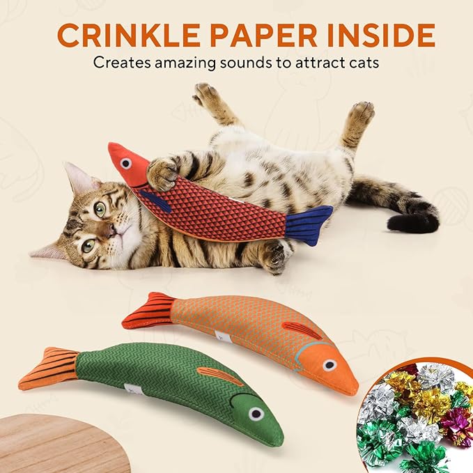 AUSCAT Cat Catnip Toys, 3PCS Catnip Fish Toy for Cats, Cat Kicker Toys with Crinkle Sound, Interactive Plush Soft Cat Toys for Indoor Cats and Kittens-PawvioPets