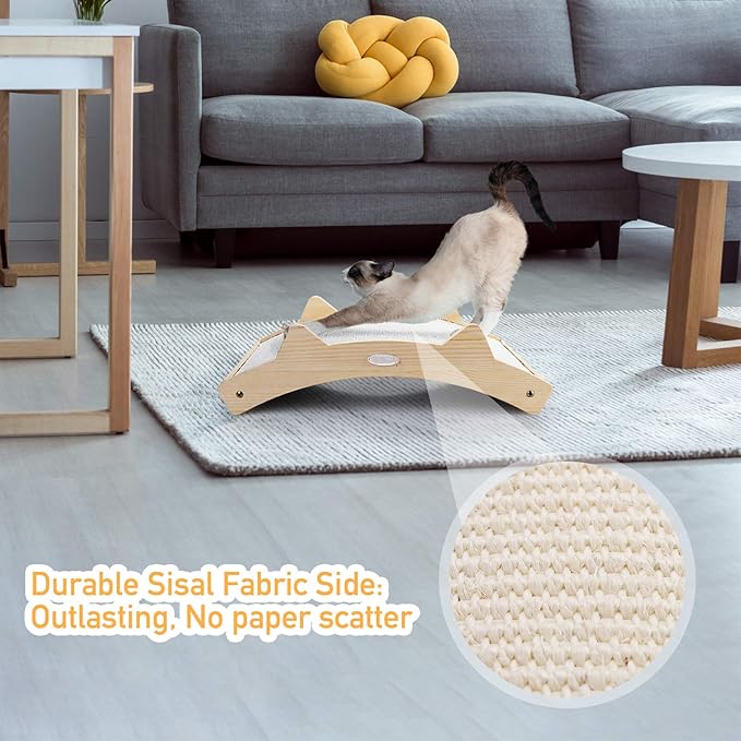 Double-Sided Cat Scratcher With Natural Sisal + Carpet Cloth, Durable Solid Wooden Structure Scratch Pad for Indoor Cats, Scratcher Lounge, 16.5 x 10.8in-PawvioPets
