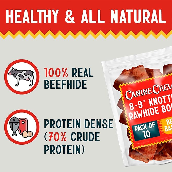 Canine Chews 8-9 Inch Beef Basted Knotted Rawhide Bones for Large Dogs - Durable Rawhide Bones for Medium and Large Dogs - Long Lasting Dog Rawhide Bones with for Aggressive Chewers - 10 Pack-PawvioPets