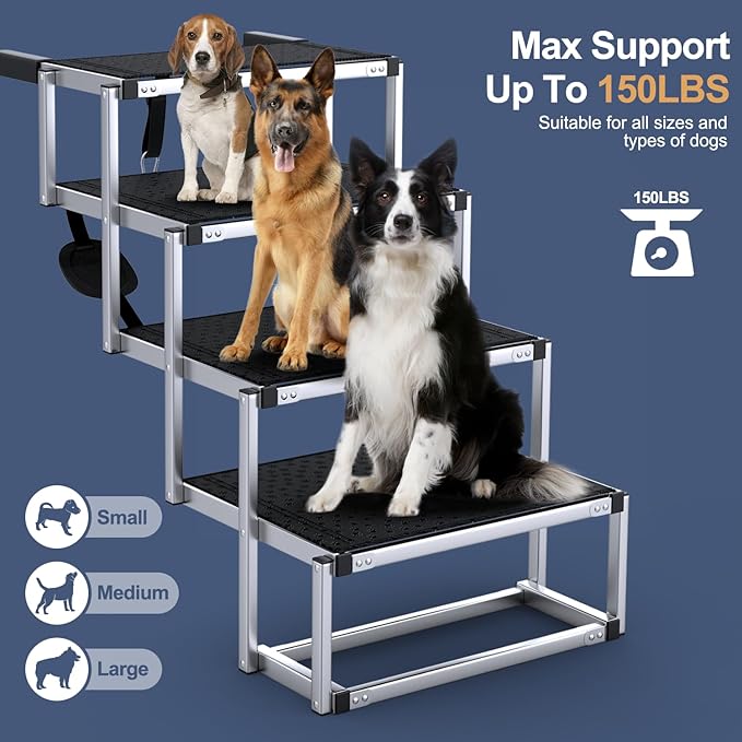 Dog Stairs for Car, Foldable Dog Ramp for Car with Non-Slip Surface, Portable Stairs Aluminum SUV, High Beds, Truck, Supports up to 150 lbs, 4 Steps-PawvioPets