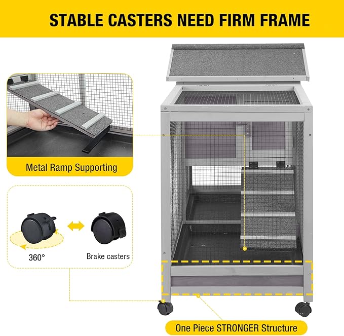 Aivituvin Rabbit Hutch Outdoor Indoor Rabbit Cage Chikcen Coop with Casters Guinea Pig Cage with 3 Deep No Leakage Pull Out Tray,Waterproof Roof-PawvioPets