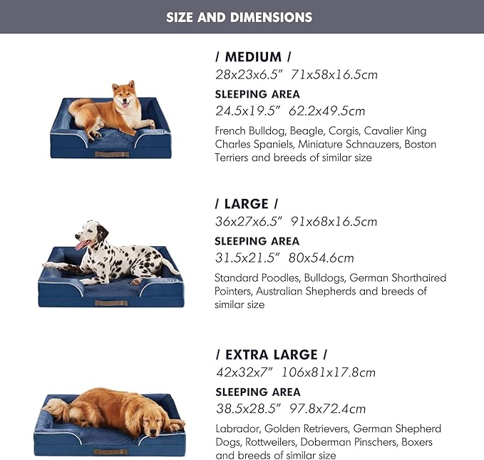 Friends Forever Orthopedic Dog Bed, Bolster Dog Bed with Memory Foam Pet Couch Sofa and Removable Washable Cover, Ally Navy, 42x32x7-PawvioPets