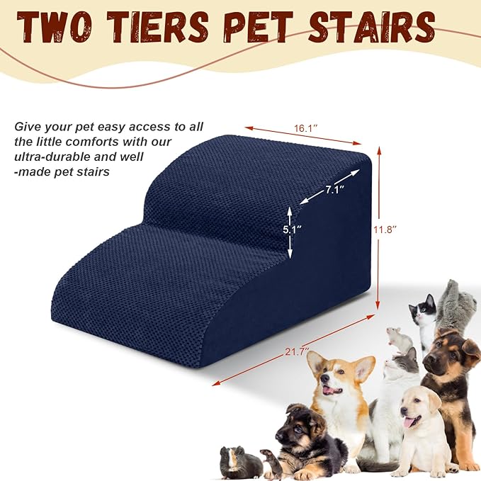 Dog Stairs for Small Dogs - High Density Foam Pet Steps, Extra Wide Dog Ramp with Non-Slip Bottom for High Beds, Couch and Sofa, Best for Dogs Injured, Older Doggy Cats,2 Steps, Navy-PawvioPets