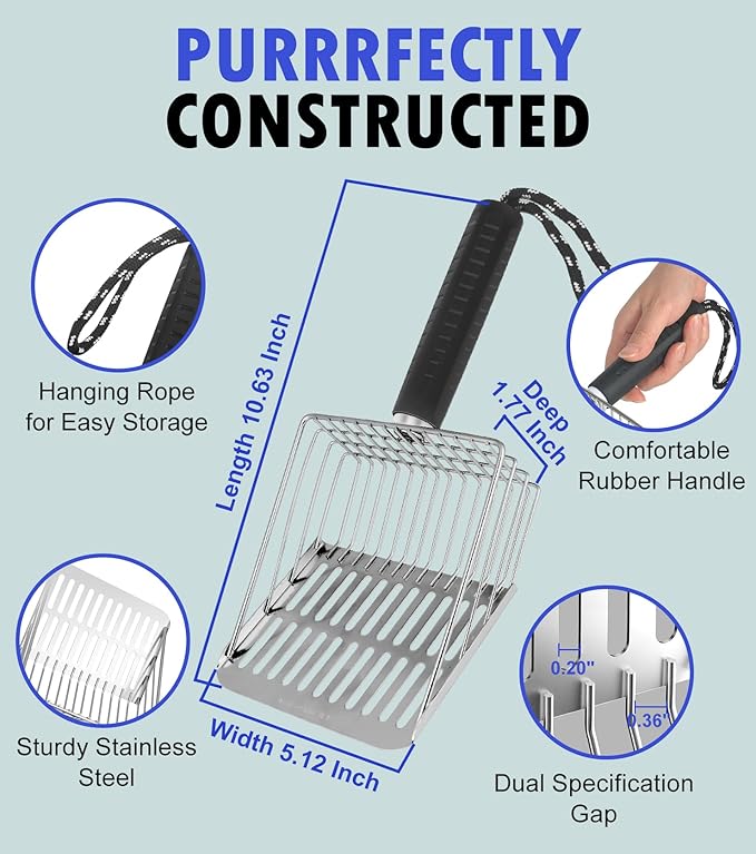 2PCS Cat Litter Scoop, Solid and Durable Kitty Metal Scooper, Stainless Steel Sifter, Heavy Duty, for Litter Box, Black Rubber Handle, Included Stainless Steel Hook-PawvioPets