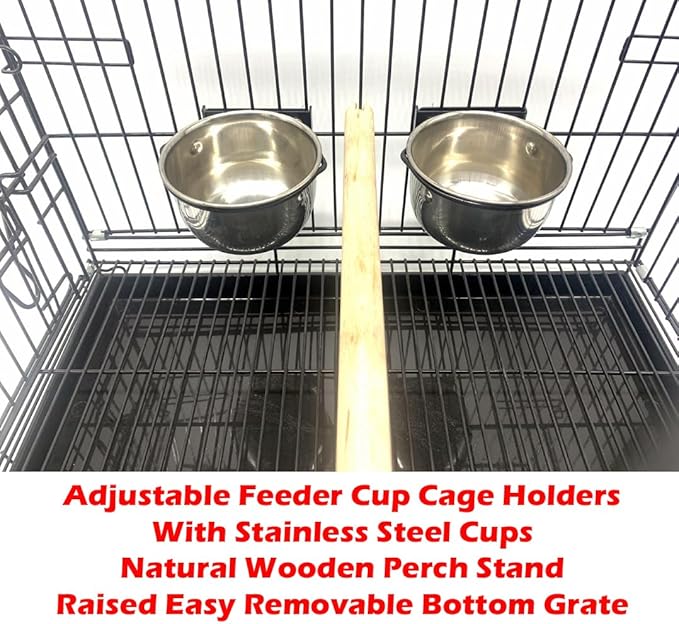Durable Easy Portable Collapsible Metal Travel or Veterinary Collapsable Parrot Bird Carrier Beaks-Proof Easy Clean Carrier Cage with Stainless Steel Feeder Bowls Natural Wooden Perch-PawvioPets