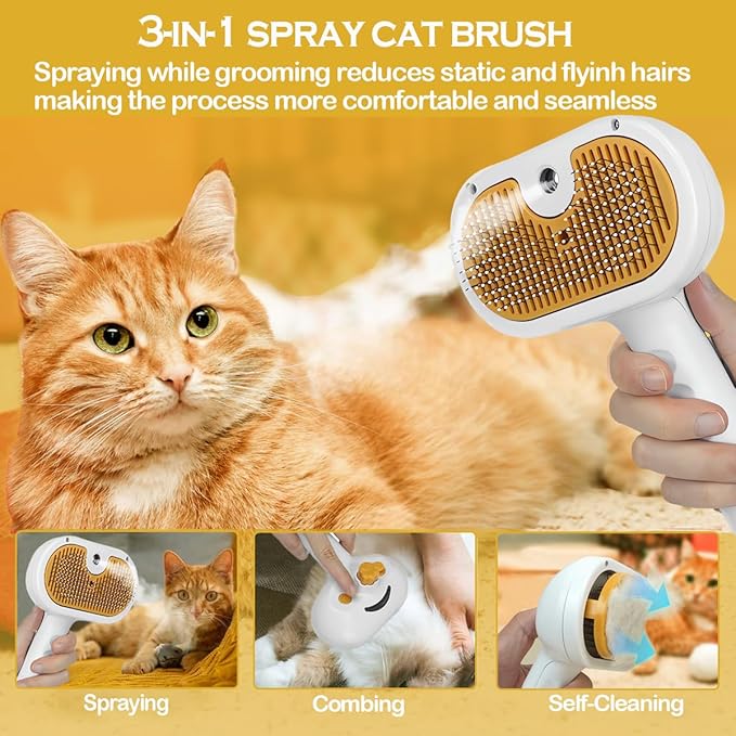 3-1 Cat Steam Brush for Shedding, Steamy Grooming Brush for Long & Short Hair Cats & Dogs, Self-Cleaning Pet Hair Removal Comb with Water Tank Dog-PawvioPets