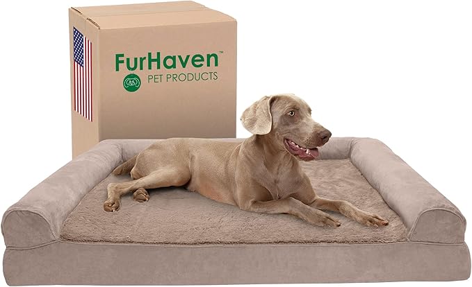 Furhaven Cooling Gel Dog Bed for Large Dogs w/ Removable Bolsters & Washable Cover, For Dogs Up to 125 lbs - Plush & Suede Sofa - Almondine, Jumbo Plus/XXL-PawvioPets