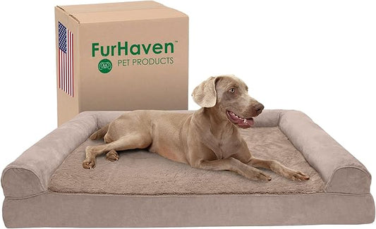 Furhaven Cooling Gel Dog Bed for Large Dogs w/ Removable Bolsters & Washable Cover, For Dogs Up to 125 lbs - Plush & Suede Sofa - Almondine, Jumbo Plus/XXL-PawvioPets