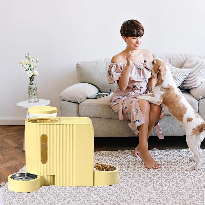 Automatic Cat Food Feeder and Water Dispenser,2 in 1 Gravity Cat Feeder and Water Dispenser with Stainless Steel Bowl,2 Pack Large Capacity Self Feeding for Small Medium Pets Puppy Kitten-PawvioPets