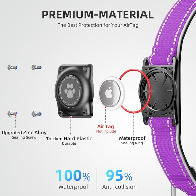 Airtag Dog Collar - 100% Waterproof Air tag Dog Collar Holder for Apple AirTag, Reflective, Soft Padded, Everlasting, GPS Dog Collar for Small Medium Large Dogs (Purple, M)-PawvioPets