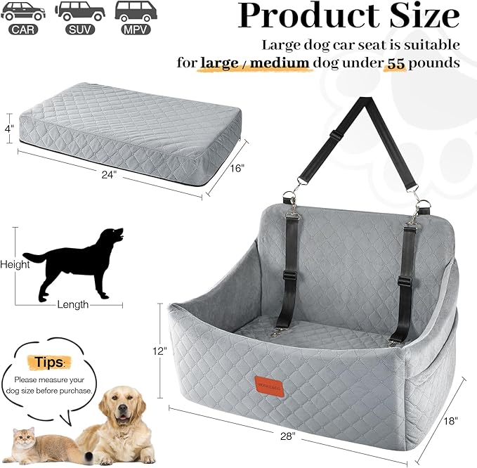 Dog Car Seat for Medium & Large Dogs Up to 55lbs, Memory Foam Cushion, Washable Cover, Safety Straps & Non-Slip Base(Grey,Large)-PawvioPets