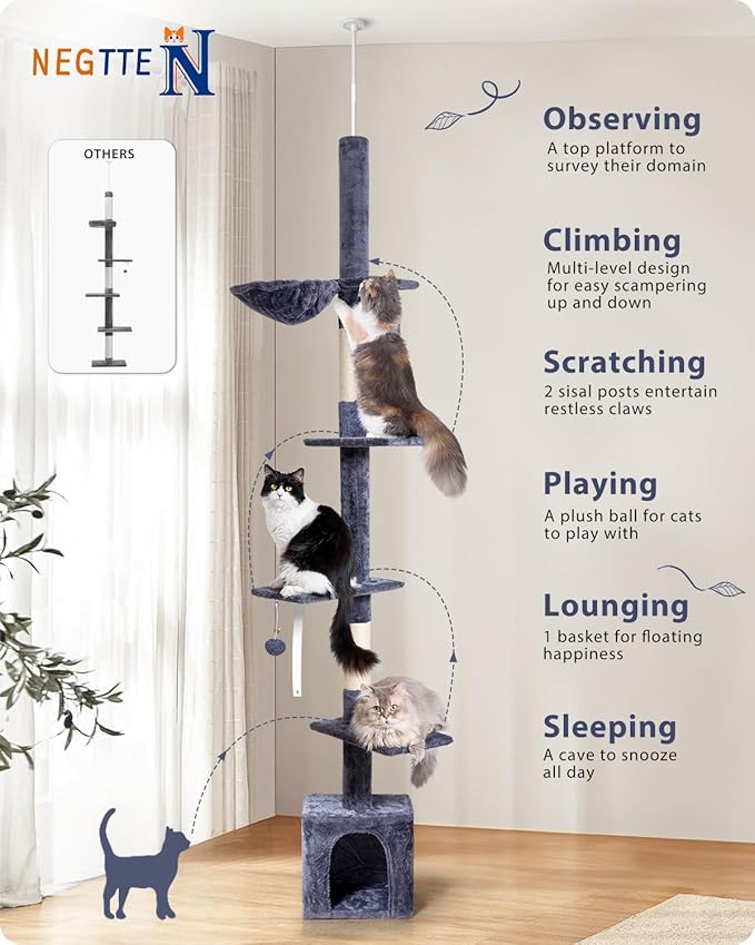 Floor to Ceiling Cat Tree, 5-Tier Height (95-109 inches) - Adjustable Cat Climbing Tower with Sisal Scratching Posts, Cat Condo, Hammock, Platforms, and Hanging Balls-PawvioPets