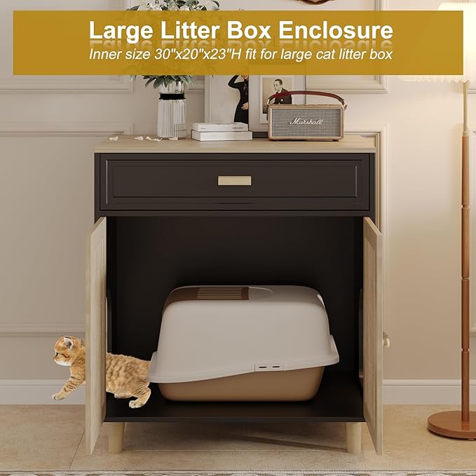 Cat Litter Box Enclosure Furniture Hidden - Indoor 2-in-1 Wooden Cat House & Washroom Cabinet with Scratching Board Doors and Drawer, 31.5”x21.6”x34.6”, Black-PawvioPets
