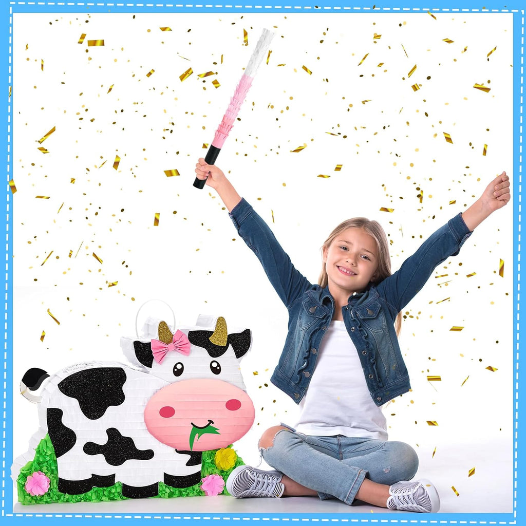 WERNNSAI Dairy Cow Piñata - Farm Animal Party Game Cow Pinata for Girls Birthday Party Decorations Kids Happy Party Favor Supplies with Bat Blindfold, Farm Theme Candy Toys Filler