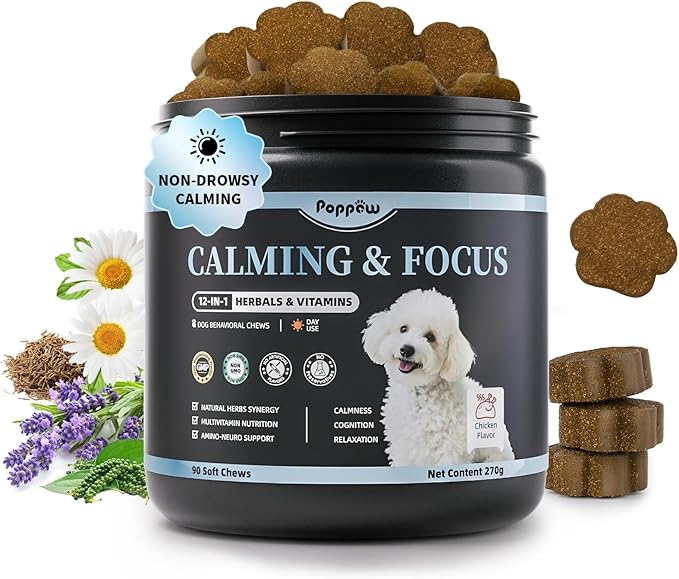 Calming Chews for Dogs – Calming Treats for Anxiety, Stress, Separation, Travel&Thunder, Relaxation & Focus Support with L-Theanine, Valerian Root, Chamomile & Ashwagandha, Chicken Flavor, 90Ct-PawvioPets