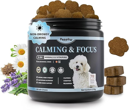 Calming Chews for Dogs – Calming Treats for Anxiety, Stress, Separation, Travel&Thunder, Relaxation & Focus Support with L-Theanine, Valerian Root, Chamomile & Ashwagandha, Chicken Flavor, 90Ct-PawvioPets