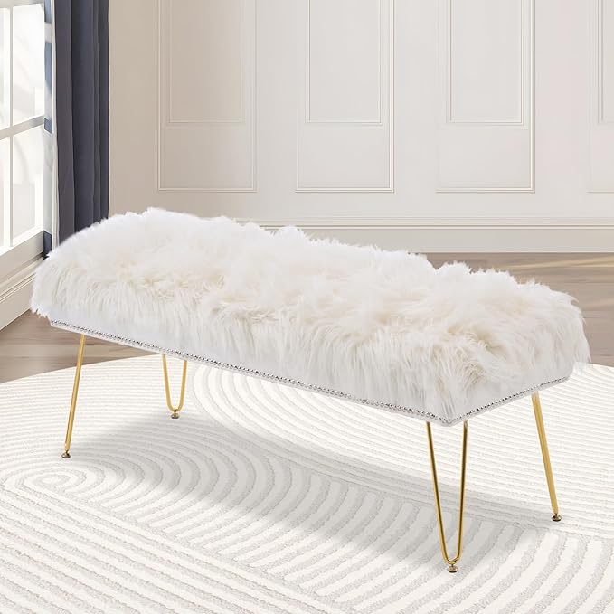 46 Inch White Bedroom Bench, Benches for Bedroom White Faux Fur Upholstered Bed end Bench, Tufting Ottoman Bench Indoor Bench with Metal Legs for Living Room Bedroom Entryway, White-PawvioPets