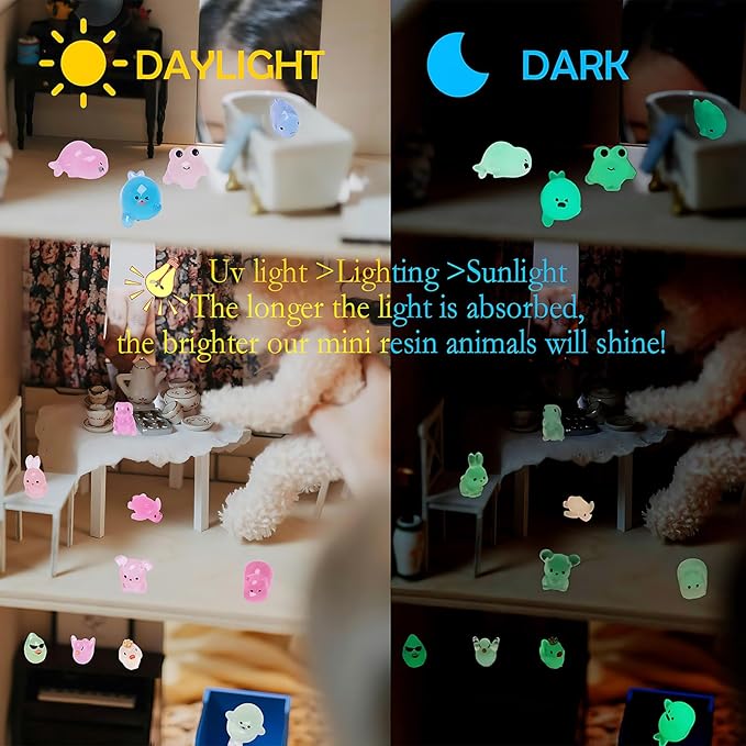 72 Types Luminous Mini Resin Animals, Plastic Tiny Resin Animals to Hide Prank,Mini Animals Figures for Fairy Garden, Dollhouse,Terrariums, Potted,Cake Topper, Miniature Landscape Ornament-PawvioPets