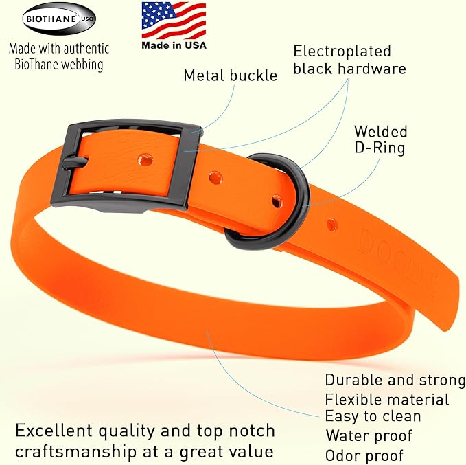 Dogline Biothane Waterproof Dog Collar Strong Coated Nylon Webbing with Black Hardware Odor- Proof for Easy Care Easy to Clean High Performance Fits Small Medium or Large Dogs, Hunter Orange-PawvioPets