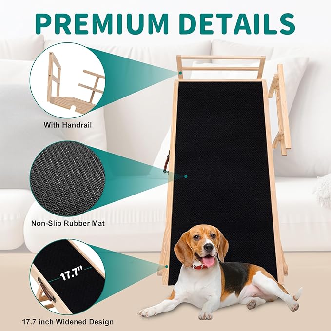 Dog Ramp for Bed, Adjustable Pet Ramps for Dog to Get on Bed, Non-Slip Rubber Surface - Folding Wooden Dog Ramp for Small/Large/Old Dogs, Adjustable up to 27.5 inch High Beds, Safety Railings-PawvioPets
