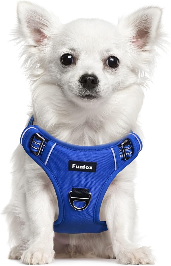 Funfox Dog Harness No Pull, Adjustable Pet Vest Harness, Super Soft Material with Vertical Handle Easy Control, Reflective Night Walking, 2 Leash Clips for Small Sized Dogs, Blue, S-PawvioPets